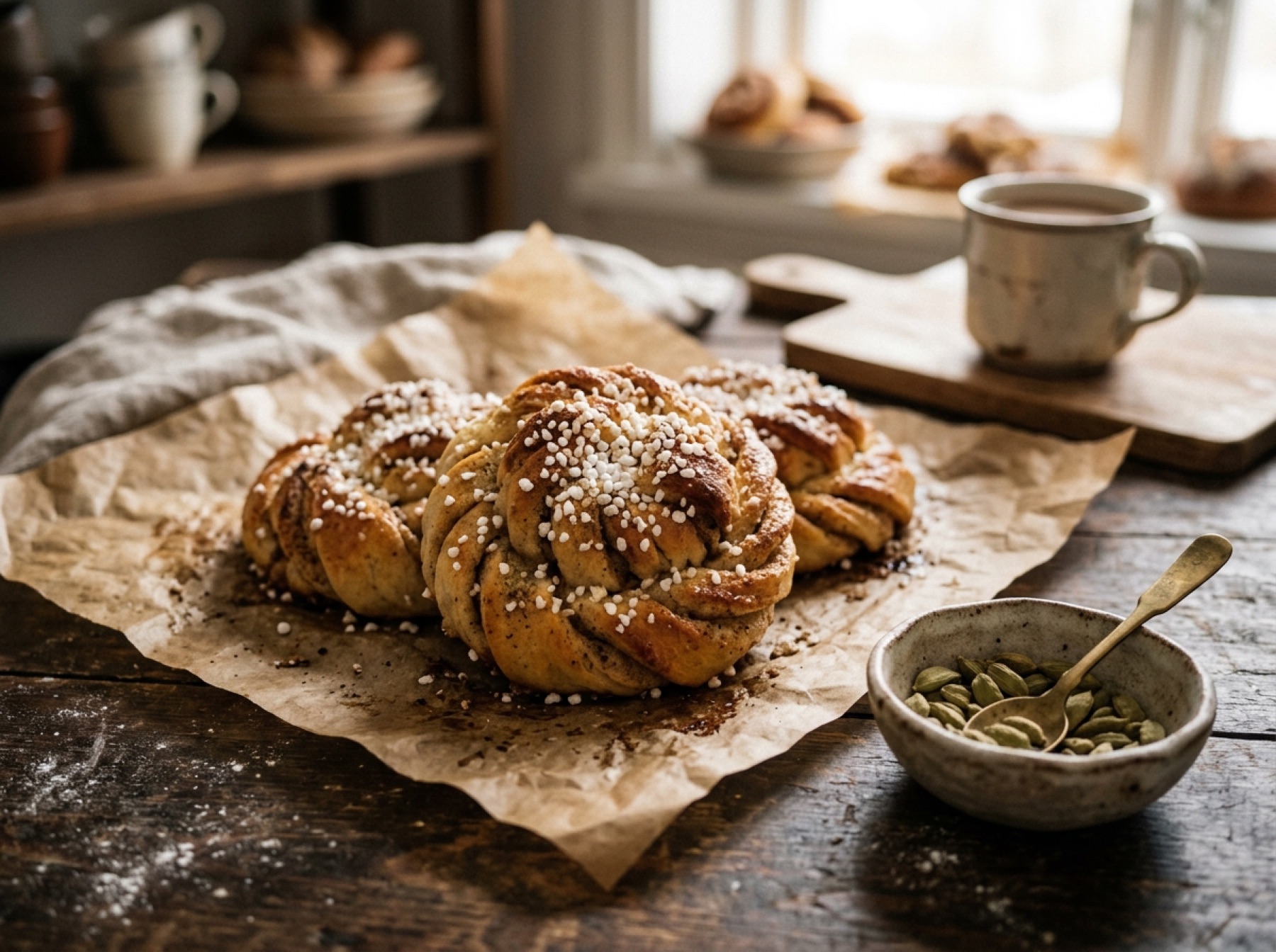 Cardamom knot buns with pearl sugar