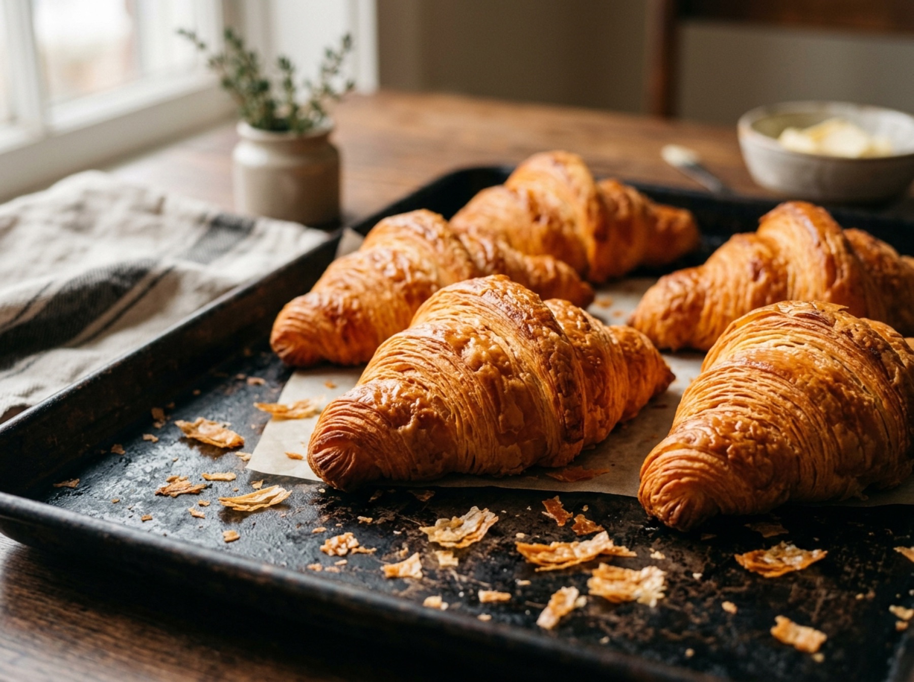 Golden flaky butter croissants on a dark tray