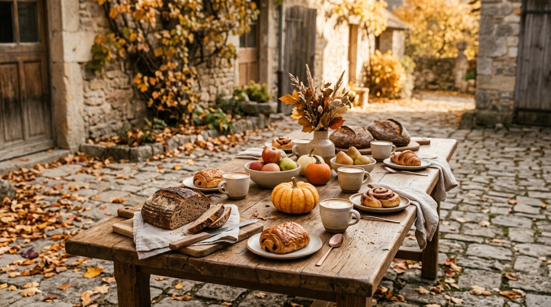 A long table in the courtyard set with bread and autumn produce