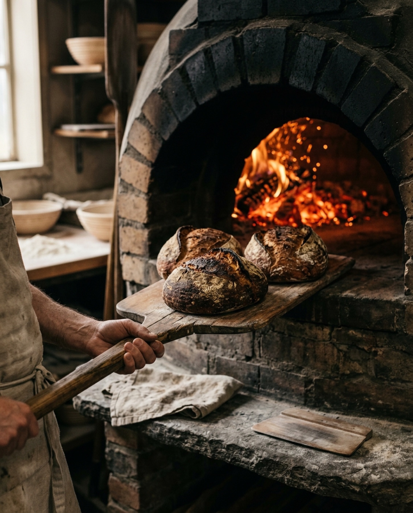 Sourdough loaves coming out of a glowing wood-fired oven on a wooden peel