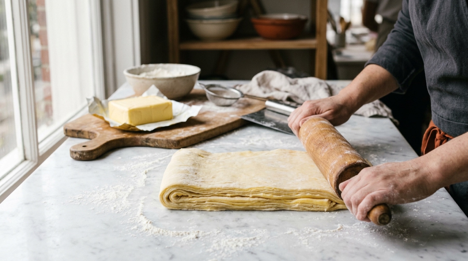 Rolling out laminated croissant dough
