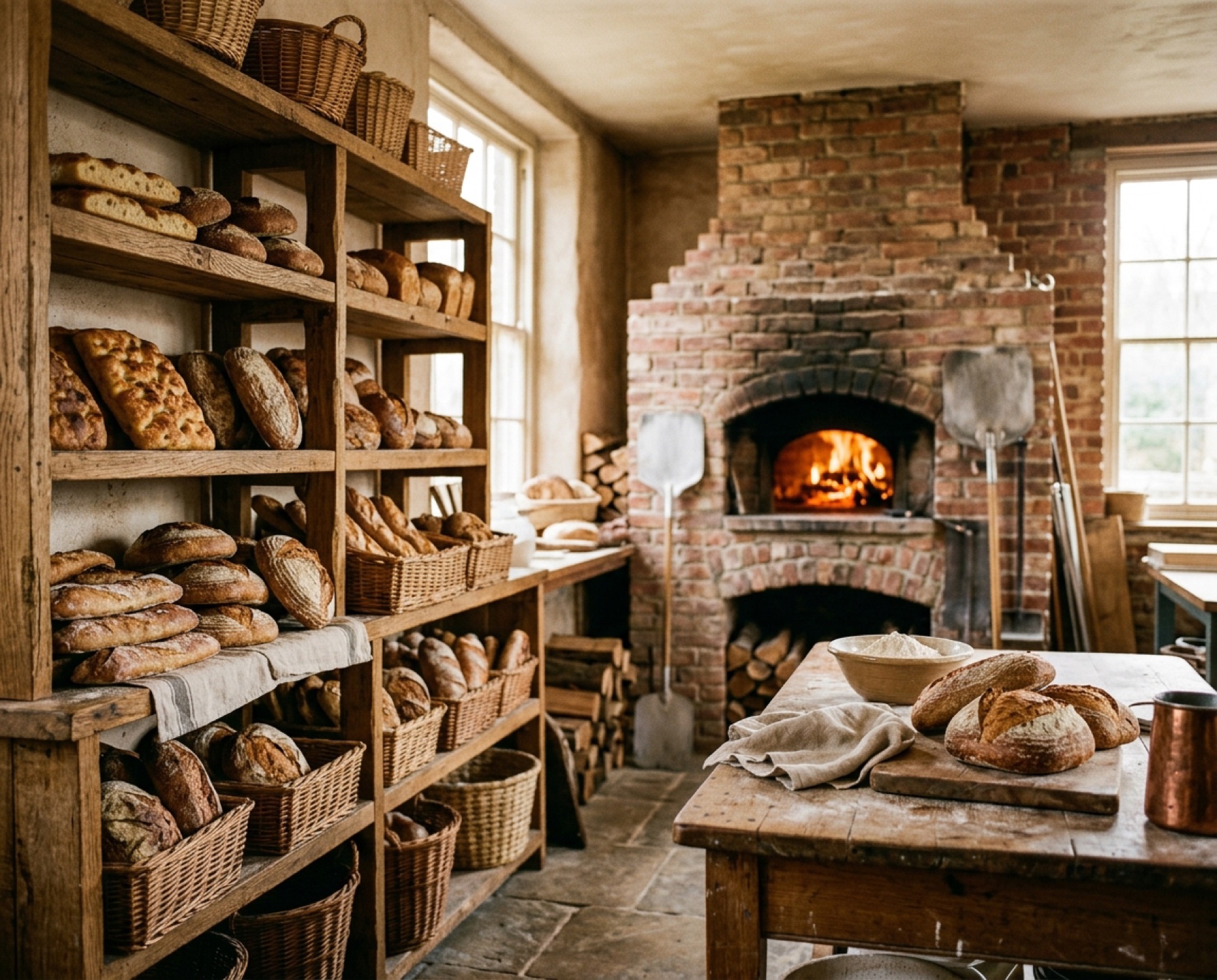 Inside the bakery: wooden shelves full of bread and the glowing oven