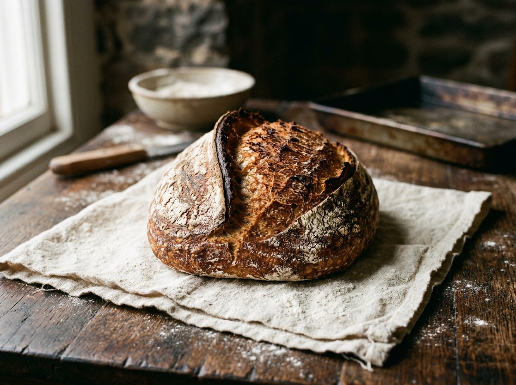 A scored country sourdough loaf with a dark crackling crust