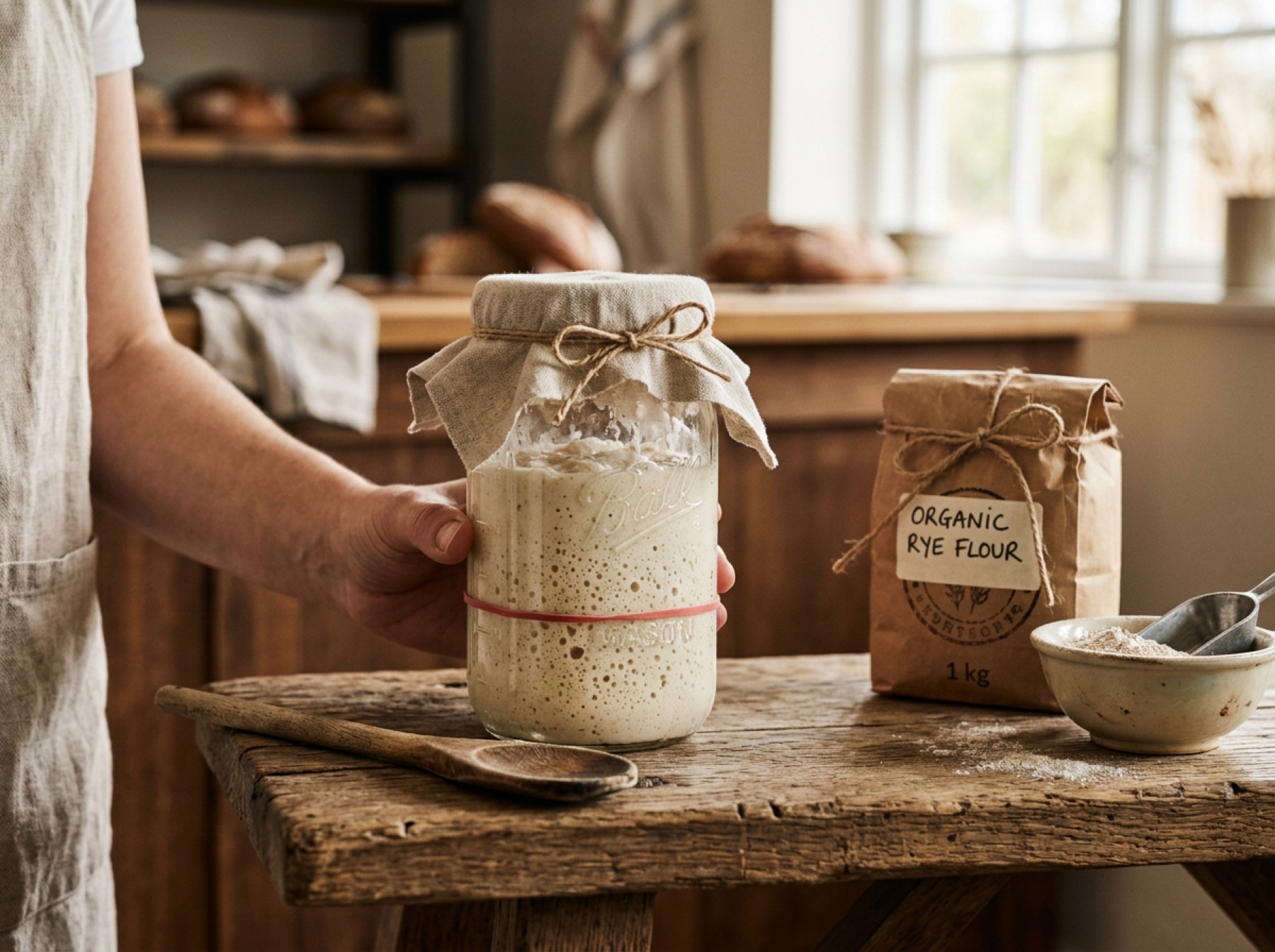 A jar of bubbling sourdough starter