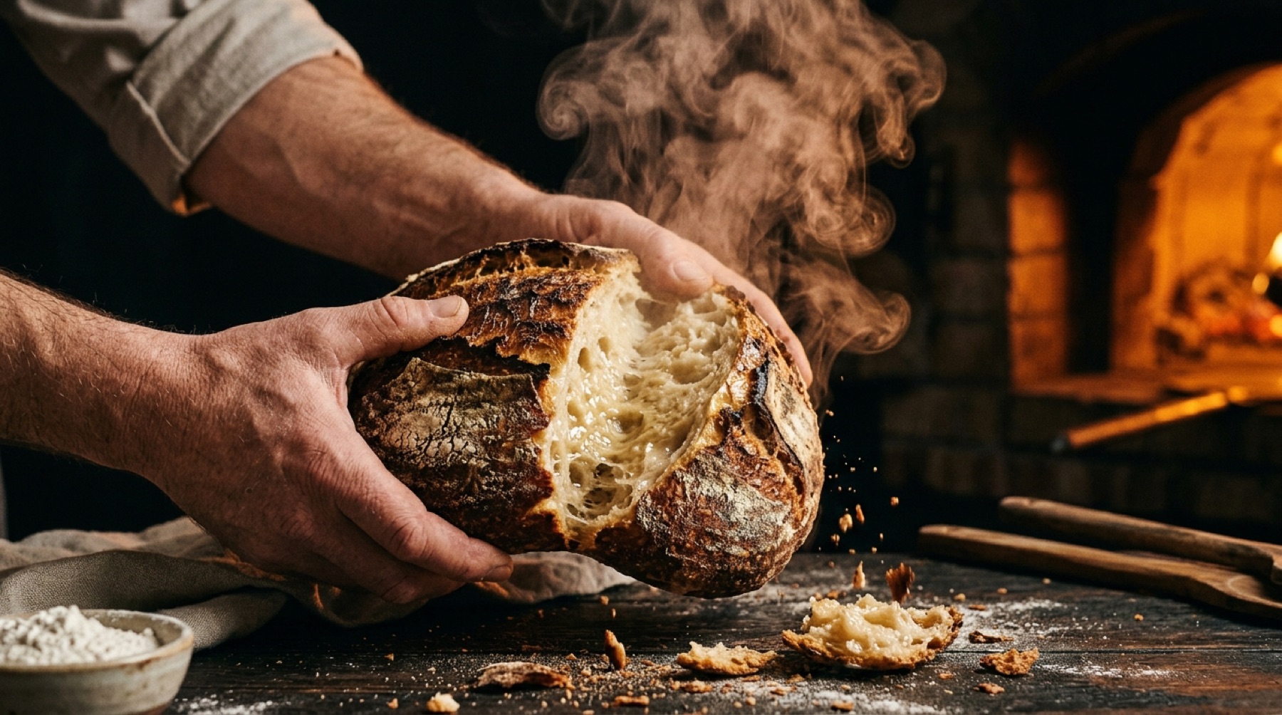 Hands tearing open a steaming sourdough loaf in front of the oven
