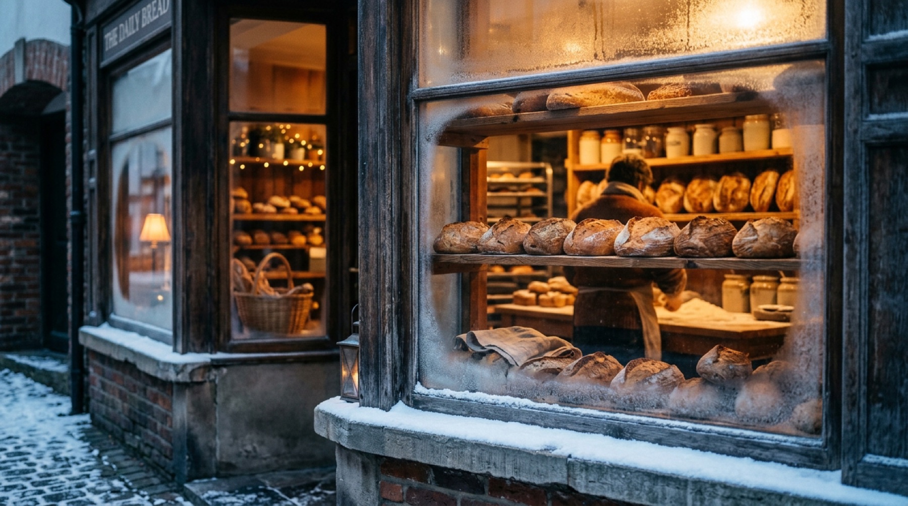 A glowing bakery window on a frosty morning