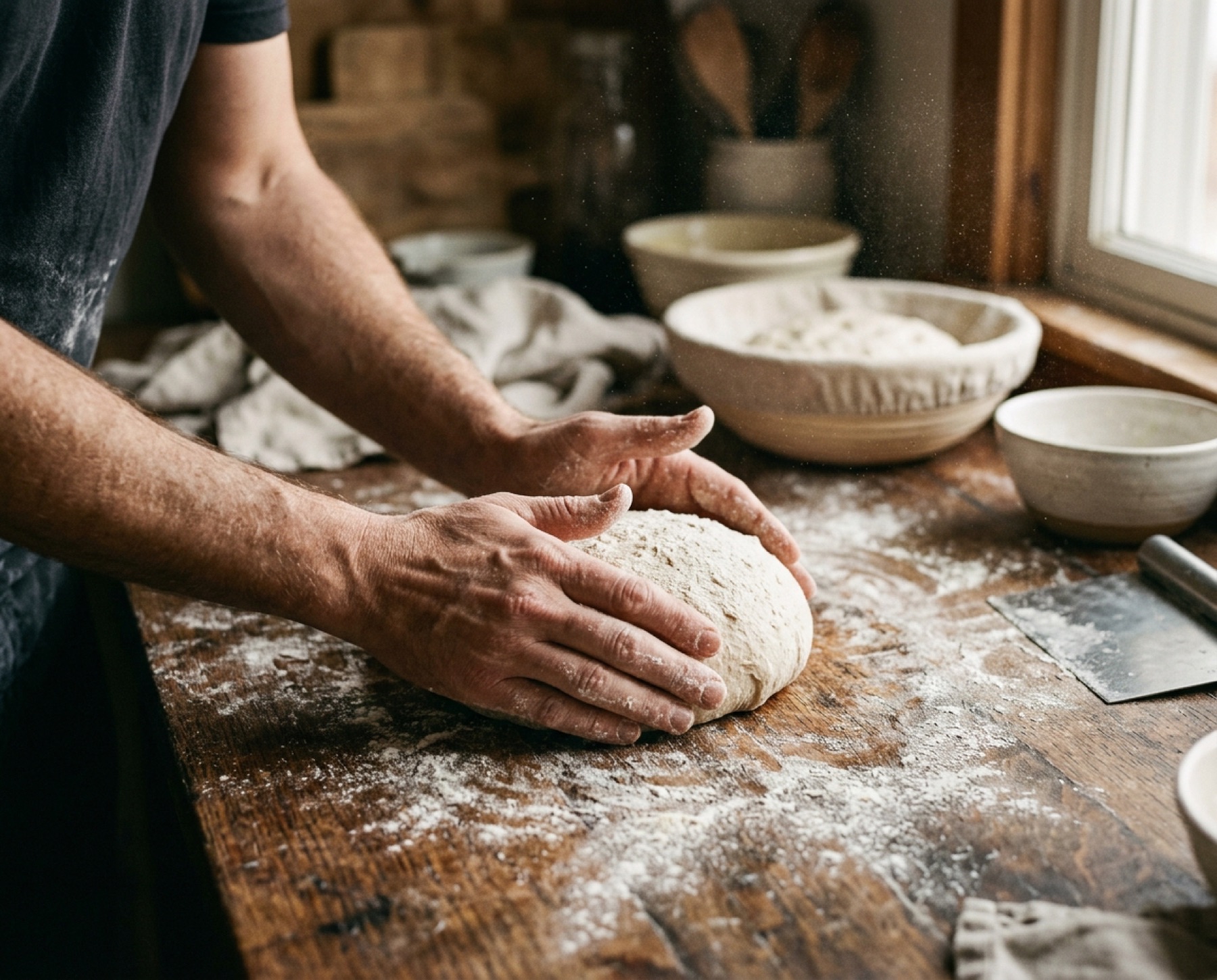 Hands shaping dough on a floured oak bench